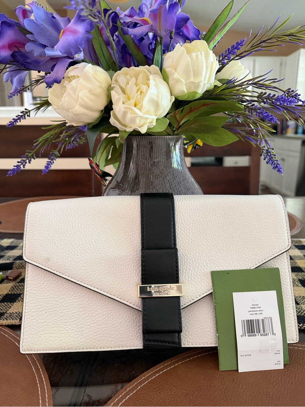kate spade White Leather Envelope Clutch with Black Center Strap NWT